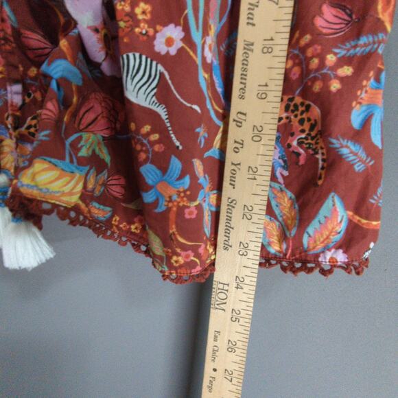 Maeve Anthropologie Top Womens XL Brown Floral Animal Print Tie Front Smocking - Picture 5 of 7